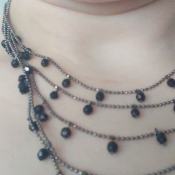 SALE: Silver-Colored 5-Chain Adjustable  Necklace -Small Black Dangling Beads - Picture 2 of 10